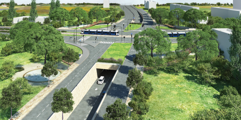 הדמייה של הקו הירוק הדרומי בצומת קוגל, חולון // צילום: חברת נת"ע